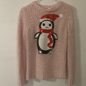No Boundaries Pink Fuzzy Sweater with Sequin Penguin